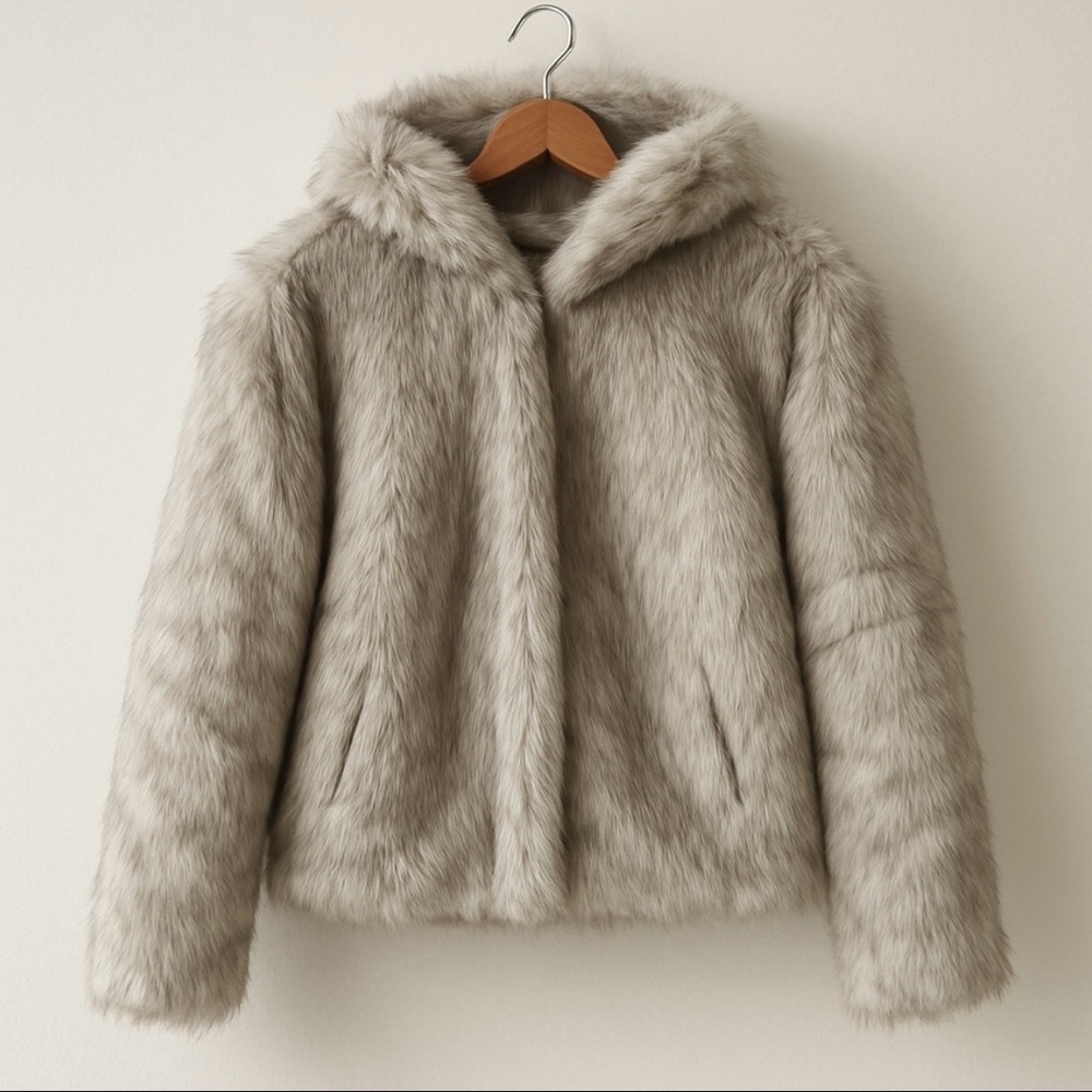 Zara Faux Fur Hooded Jacket Women’s XS Gray Taupe Plush Winter Coat